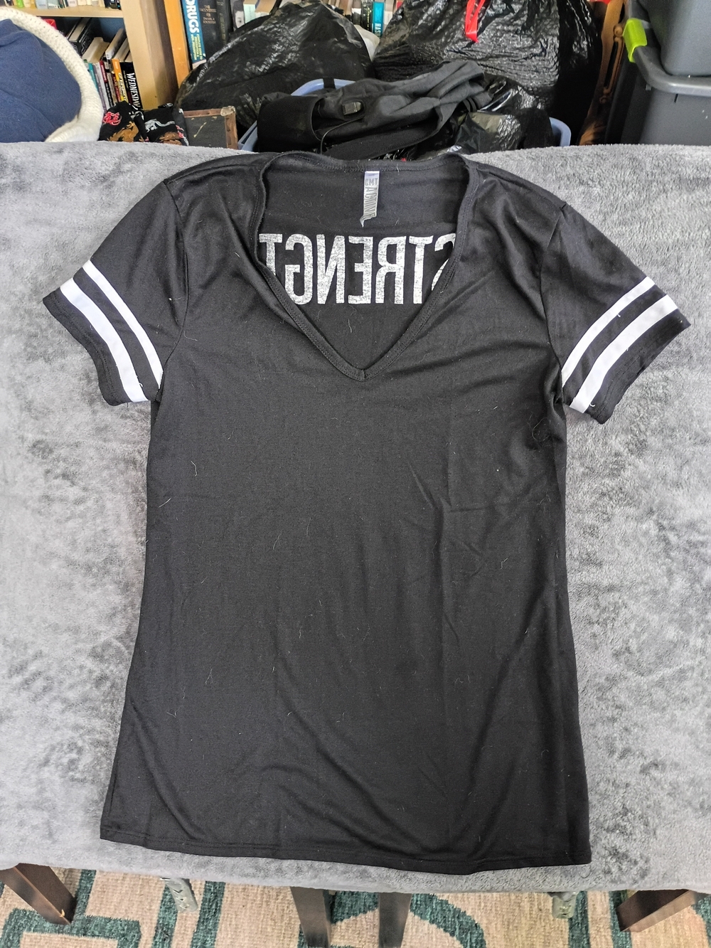 MT Black V-Neck Short Sleeve Tee with White Sleeve Stripes